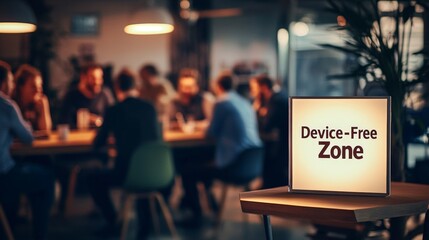 Device-free zone sign in busy office setting encouraging focus and collaboration
