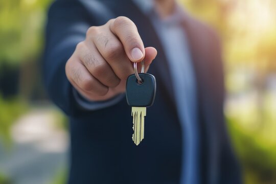 A man extends a car key forward with a blurred outdoor background, signifying handing over or receiving, and invoking ideas of ownership, new beginnings, and trust.