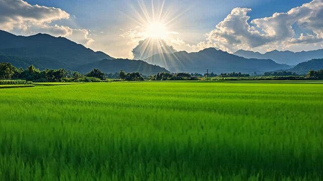 Stunning sunrise over lush green rice fields in the mountains during early morning hours