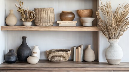 beautifully arranged wooden shelf in a modern interior, featuring a mix of decorative items like woven baskets, stylish vases, and art books, highlighting the balance between functionality and style