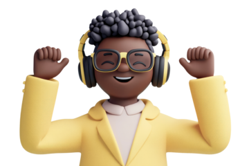 An animated 3D character with curly hair and headphones, wearing a yellow suit, is joyfully dancing against a white background.