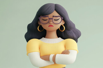 A female character dressed stylishly with her arms crossed, characterized by large golden hoop earrings and flowing dark hair.