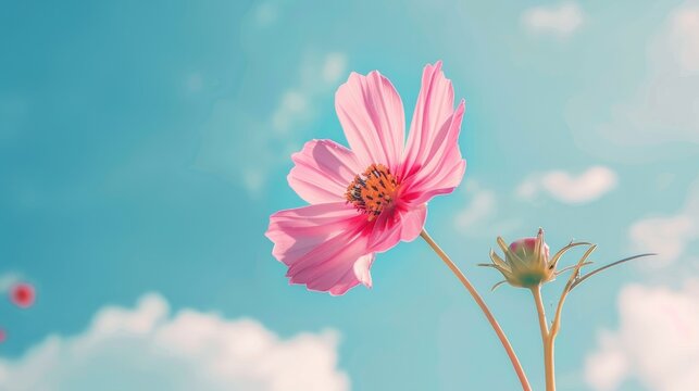 Close up of a pink Joba flower under daylight against a blue sky