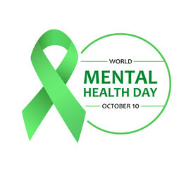 World Mental Health Day, vector Illustration for banner or poster. Text World Mental Health Day, october 10 and green ribbon isolated on white background.