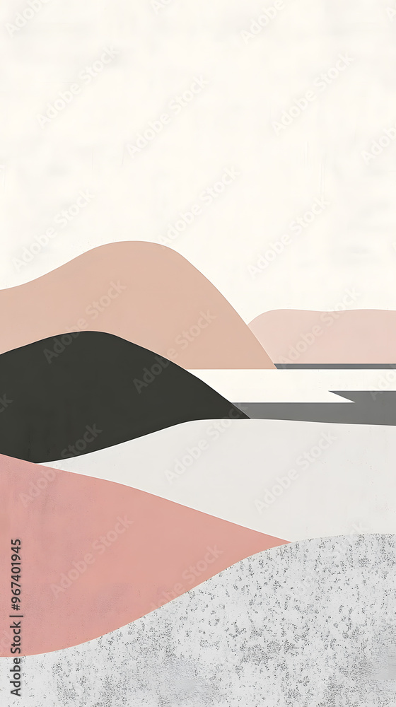 Wall mural abstract illustration poster of pink mountains and grassland with sunset range with a soft, dreamy f