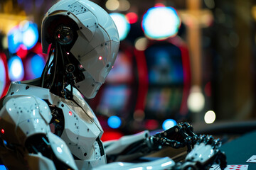 Robot cyborg humanoid helper in activities of daily life routine living with people, Generative AI