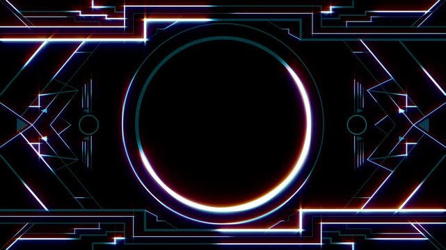 アールデコスタイルのフレームアニメーション 縁取られた円を中心に配置されたモダンで輝く装飾　黒背景