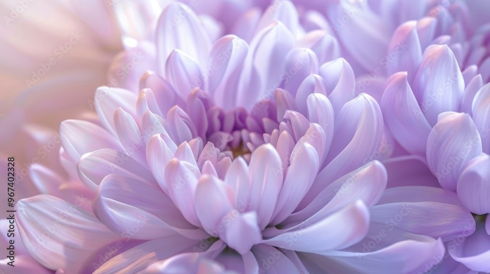 Wall mural close up of pale purple chrysanthemum petals on floral backdrop