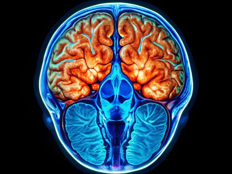 MRI image reveals the internal structure of the human brain in a coronal plane, offering a detailed view of its anatomy.