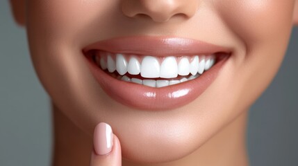 Fototapeta premium A detailed close-up shot focusing on a woman's lower face, specifically her smiling mouth and polished nail, conveying a sense of happiness, beauty, and self-care in this portrait.