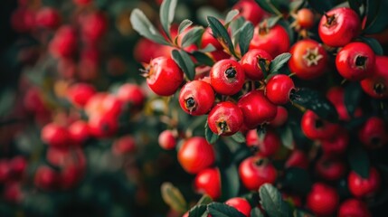 Close up of red rosehip berries on a bush in the garden during autumn