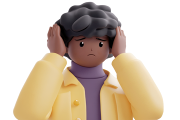 A cartoon character with hands on head, wearing a yellow coat and purple shirt. Expression seems thoughtful and modern.