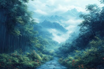 tranquil bamboo forest in teal hues misty atmosphere zeninspired landscape serene asian garden setting