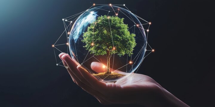 Human hand holding a globe with a flourishing tree inside, with digital lines connecting to the background.