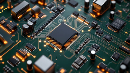 A close-up view of an electronic circuit board with various integrated circuits, capacitors, and other components interconnected by copper pathways, illuminated with an orange glow.