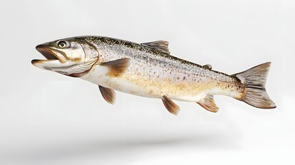 Naklejka premium 50. **A 3D render of a whole grilled trout falling, its golden skin and flaky texture set against a pristine white background