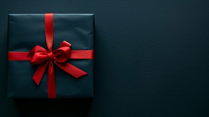 Fototapeta premium Elegant black gift box tied with red ribbon on dark background for black friday promotions