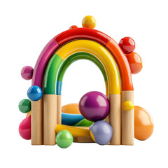 Colorful wooden toy arch with vibrant balls, ideal for children's play and early learning experiences, fostering creativity and imagination.