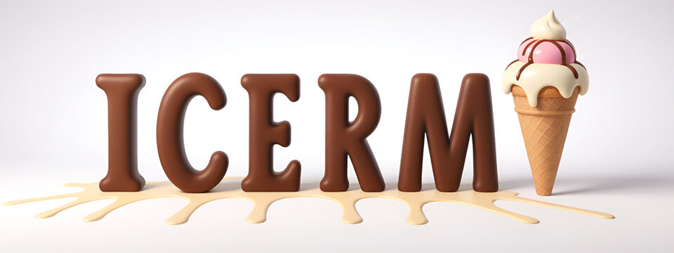 cono gelato e sfondo con lettere realizzate in cremoso gelato al cioccolato su sfondo bianco
