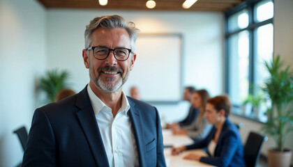 Middle-aged businessman in stylish attire stands out in a bright office with blurred background.







