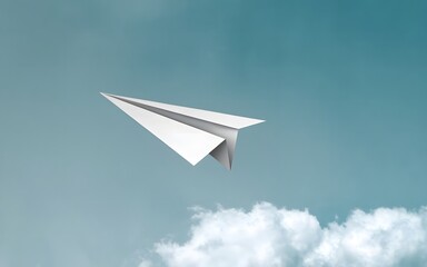A photo of a paper airplane in mid-flight against a clear blue sky.