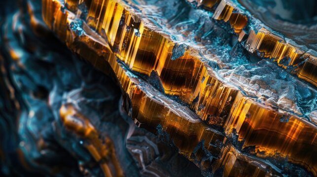 Close up of tiger eye mineral in macro stone on dark backdrop