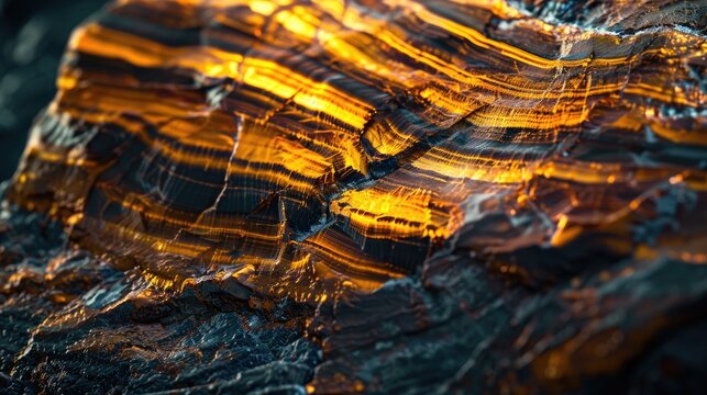 Close up of tiger eye mineral in macro stone on dark backdrop