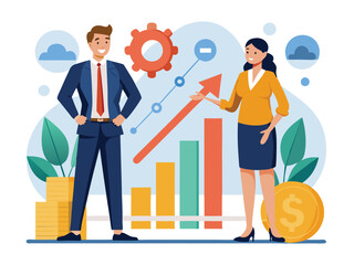 Businessman and Woman standing and draw line diagram illustration. Business growth with bar chart
