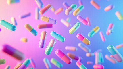 Fototapeta premium Iridescent rainbow capsules spread out in the air