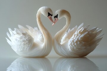 two graceful origami swans intertwined on reflective surface minimalist white paper art with intricate folds serene composition symbolizing love and unity