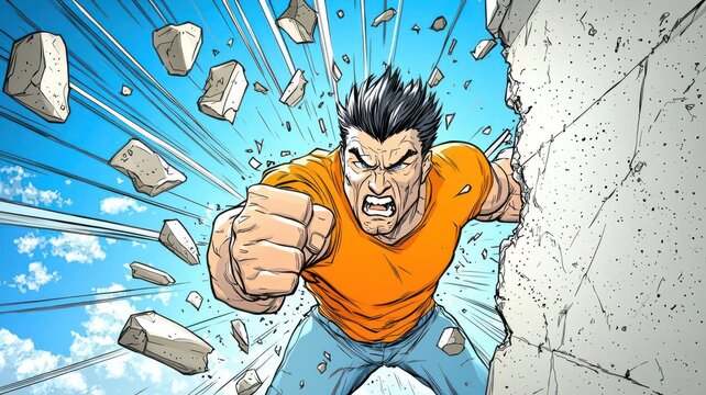 A comic book splash page featuring a superhero punching through a concrete wall, debris flying, intense facial expression, vibrant color palette, exaggerated action lines