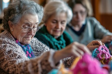 Elderly women in a crochet group, each focused on their projects, learning new patterns and techniques from one another