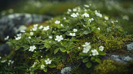 Close up of untamed Scandinavian blossoms on a verdant surface
