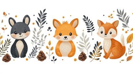 Fototapeta premium collection of woodland icons including small animals, pinecones, and ferns arranged with a simple pattern on a white screen. Vector artwork provides a clean, minimal style, ideal for backgrounds,