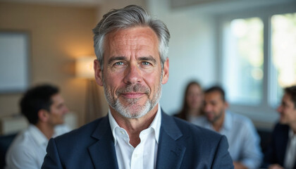 Middle-aged businessman in stylish attire stands out in a bright office with blurred background.







