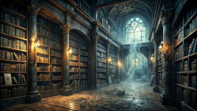 Haunted Library with Ancient Books, Dust, and Cobwebs, Spooky and Mysterious Halloween Atmosphere