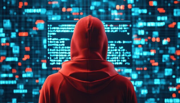 A hooded figure observes digital code on a glowing screen, representing cyber security and hacking in a modern digital world.