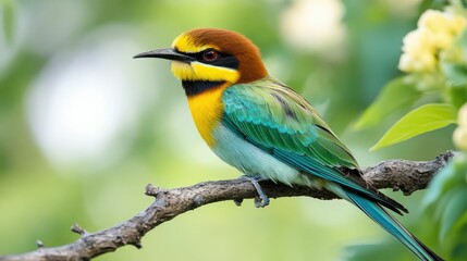 Obraz premium Colorful bird perched on a branch in a natural setting.