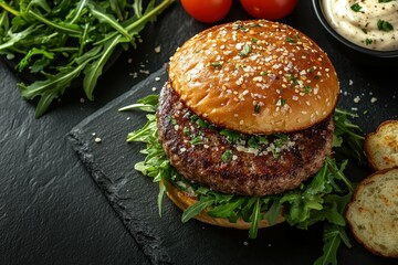 Garlic herb burger without top bun, topped with roasted garlic aioli, arugula, and parmesan, placed on the right side of a dark stone table, professional overhead shot.