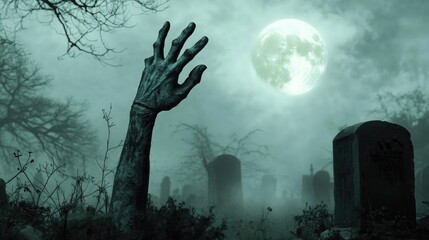 A terrifying Halloween background with a zombie hand reaching up from a grave, the full moon casting a pale light on the eerie, fog-filled cemetery, creating a chilling scene