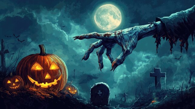 Sinister Halloween background featuring a zombie hand reaching out from a grave, with a glowing pumpkin and the full moon creating a chilling atmosphere