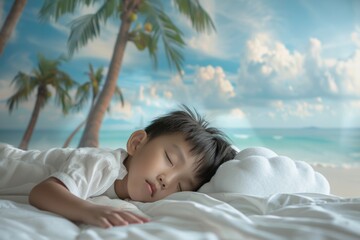 Thai child rests bed wrapped comforting dreamy slumber. Young child rests blending dreamy comfort of bed. It symbolizes tender care and nurturing needed child's peaceful growth.