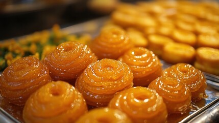 Golden ladoos and syrupy jalebis in a close-up, showing the sweet richness and traditional joy of Indian desserts.