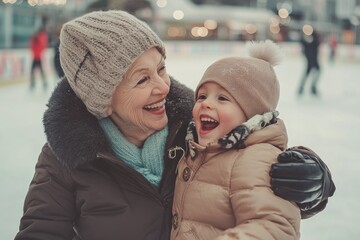 Obraz premium High-resolution brightly lit photorealistic candid photograph of a grandmother and grandchild enjoying a day at a local ice rink, skating and laughing together. The photograph is styled like a
