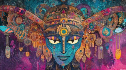 Indian civilization-inspired abstract art with detailed ornamental designs, colorful motifs, and cultural symbols set against a luxurious background.