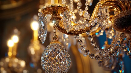 Intricate details of a luxury chandelier with golden accents and shimmering crystals, exuding sophistication and opulence.