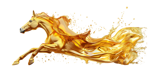 Golden horse in full stride, merging seamlessly with flowing liquid gold, symbolizing the fusion of energy, speed, and engine oil power in a modern, abstract visual