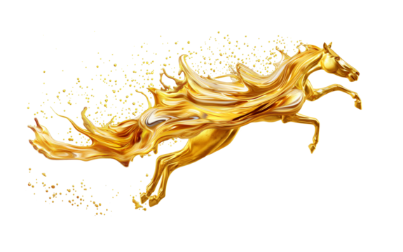 Golden horse in mid-leap, blending with flowing liquid gold, evoking strength, speed, and the essence of fluid power in a striking, surreal representation of energy
