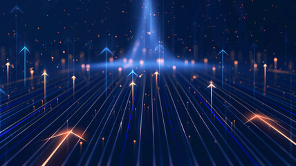 Futuristic network of glowing arrows and data streams converging towards a central point, symbolizing digital transformation and technological advancement