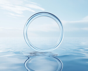 Transparent circular ring hovering over calm water surface, creating a surreal gateway effect in a serene blue landscape